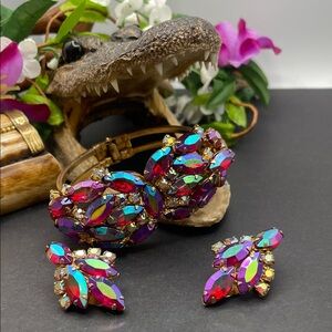 Red AB rhinestone clamper bracelet and clip earrings set vintage